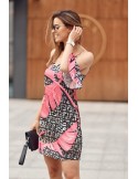 Strap dress with sleeves with pink leaves, black PR3215 - Online store - Boutique